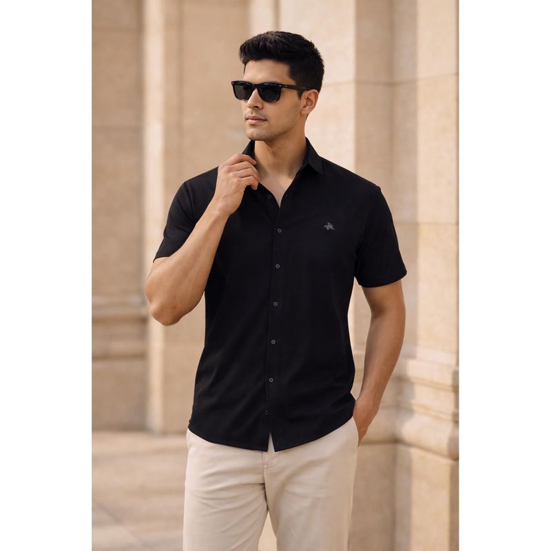 Parcel Yard Men's Casual Plain Half Sleeve Regular Fit Cotton Black Shirt (L)