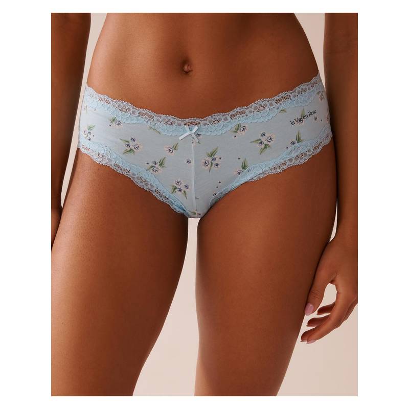 La Vie En Rose Blue Cotton and Lace Trim Cheeky Bikini Panty (XS)
