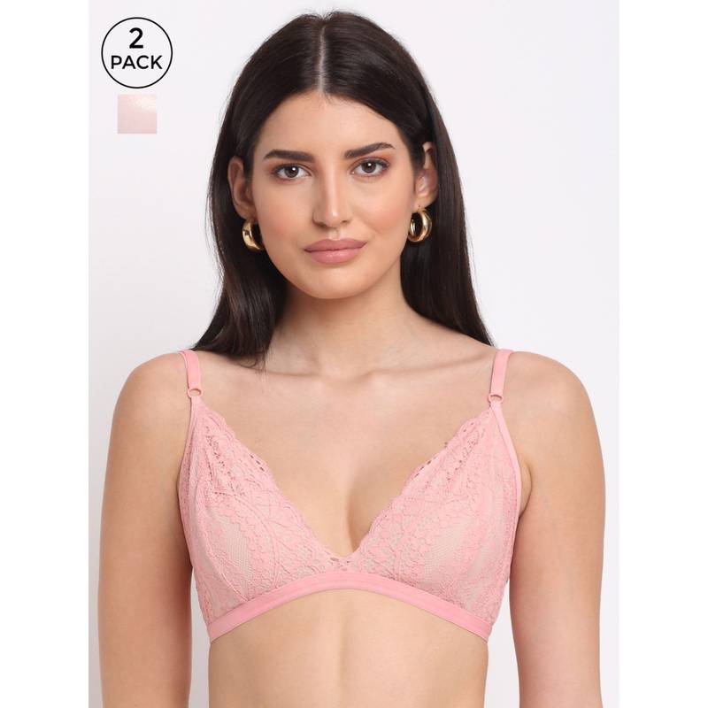 AOBA White & Pink Non Padded Floral Lace Pack of 2 Bralette Bra (S)