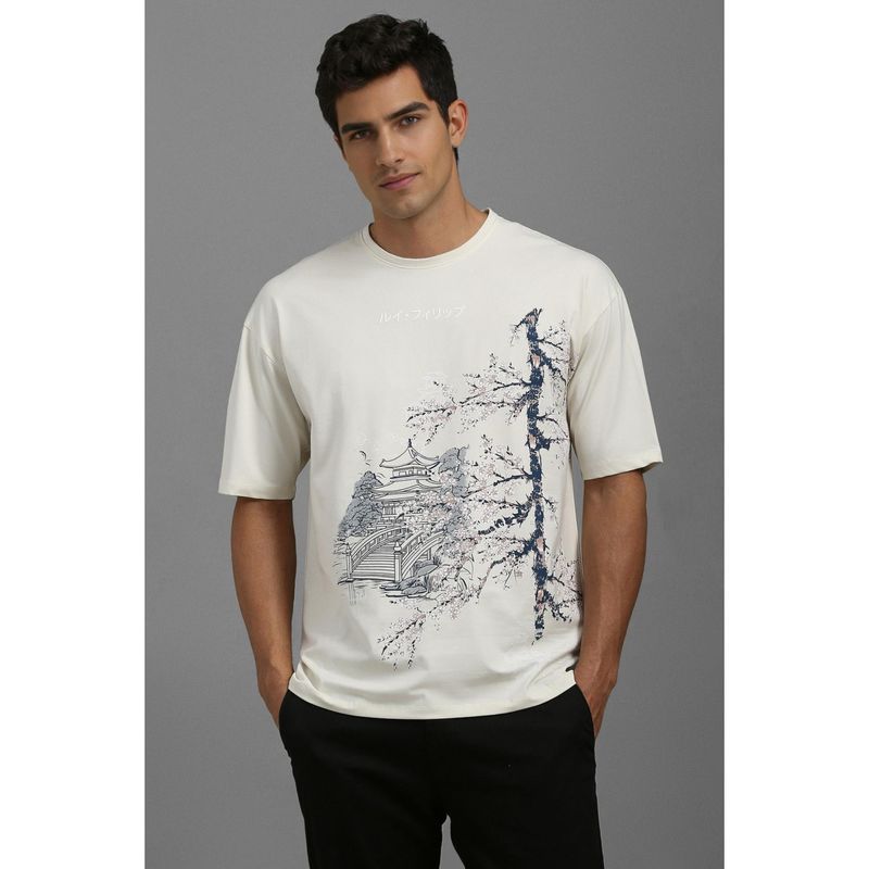 Louis Philippe Men White Graphic Print Crew Neck T-shirt (XL)