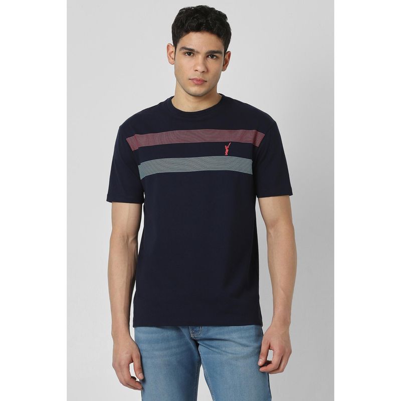 Peter England Men Navy Blue Stripe Round Neck T-shirt (S)