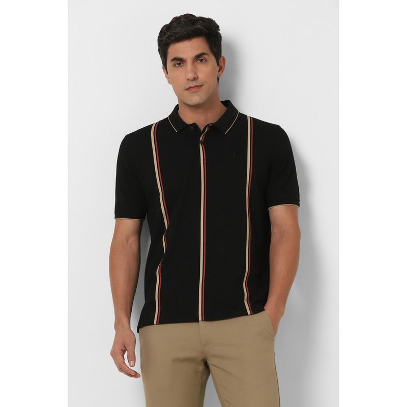Peter England Men Black Stripe Polo T-shirt (S)