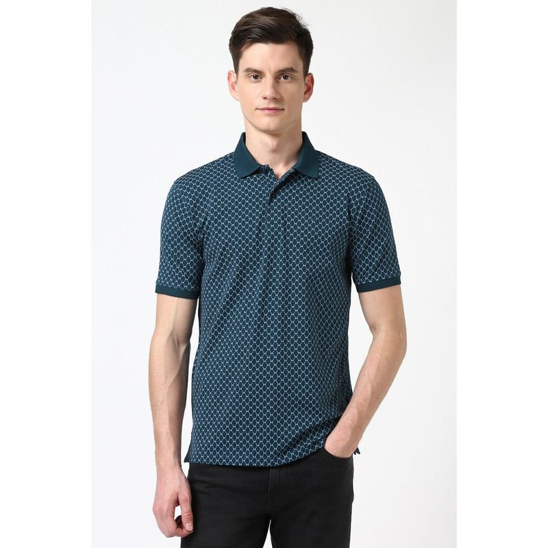 Peter England Men Teal Printed Polo T-shirt (S)