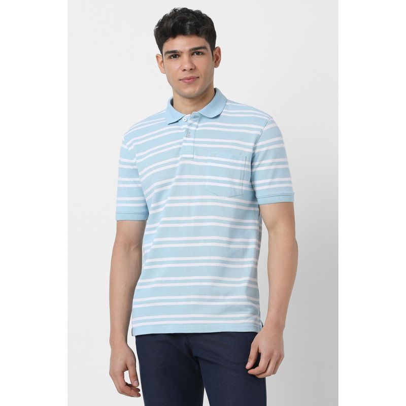 Peter England Men Light Blue Stripe Polo T-shirt (S)