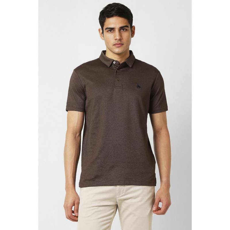 Van Heusen Men Brown Textured Polo T-shirt (M)