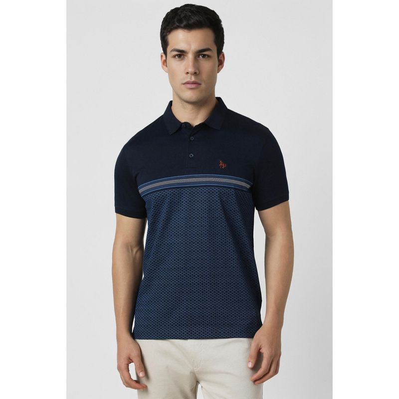 Van Heusen Men Navy Blue Printed Polo T-shirt (S)