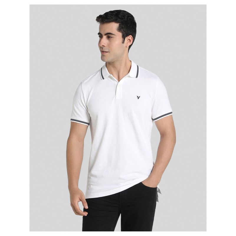 American Eagle Men White Slim Fit Tipped Flex Pique Polo T-shirt (M)