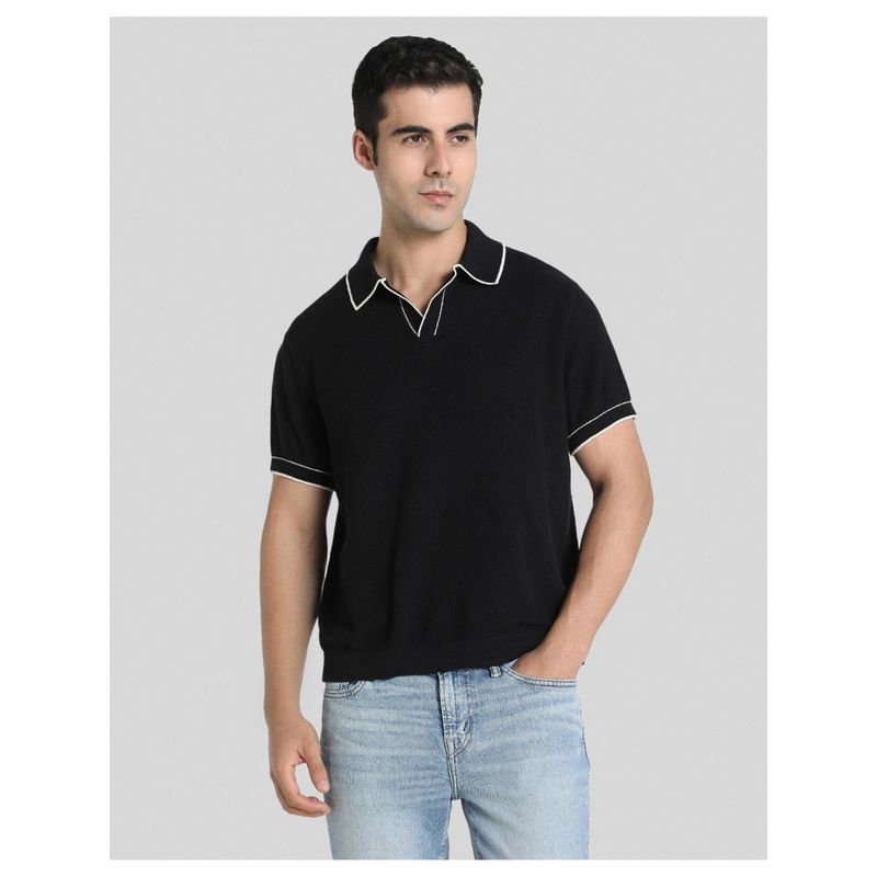 American Eagle Men Black Tipped Johnny Collar Polo T-shirt (L)