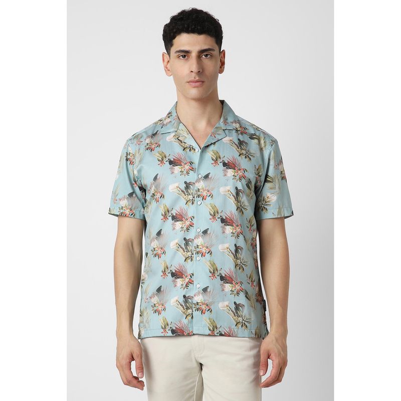 Van Heusen Men Blue Slim Fit Floral Print Half Sleeves Party Shirt (39)