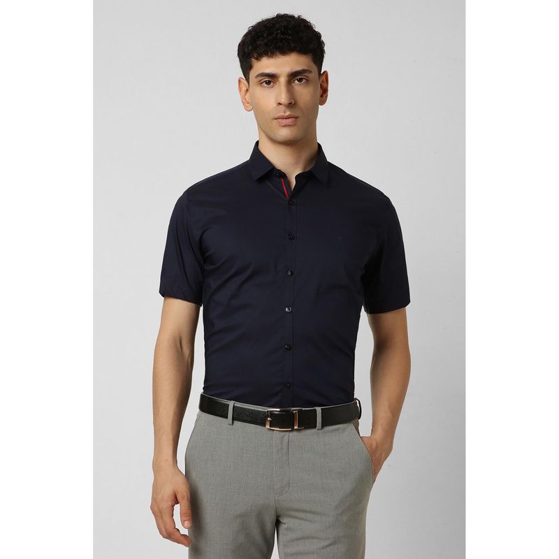 Van Heusen Men Navy Blue Skinny Fit Solid Half Sleeves Shirt (39)