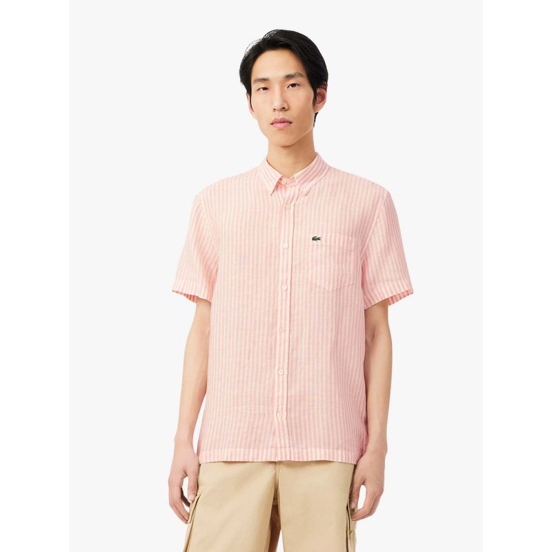 Lacoste Men Pink Linen Stripes Shirt (38)