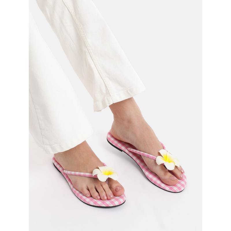 Zori World Bahamas - Checkered Pink With Flower Flats (EURO 35)