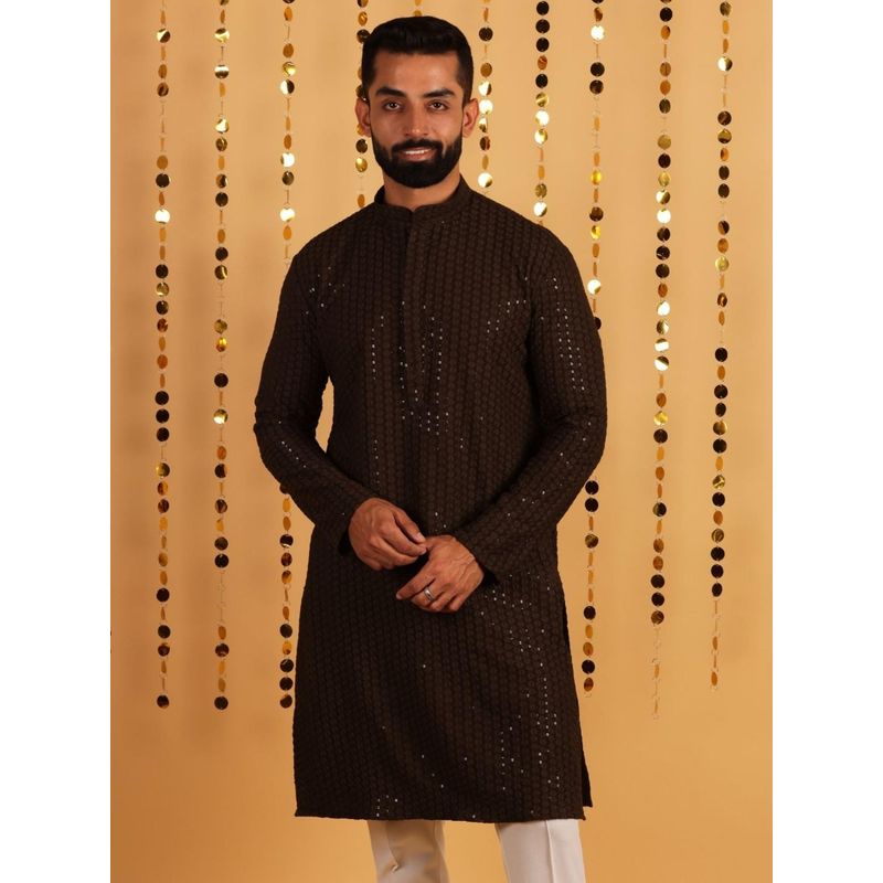 Lightpole Men Brown Embroidered & Embellished Work Cotton Kurta (L)
