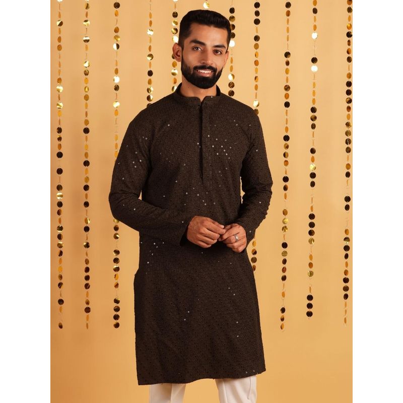 Lightpole Men Brown Embroidered Mandarin Collar Cotton Kurta (L)