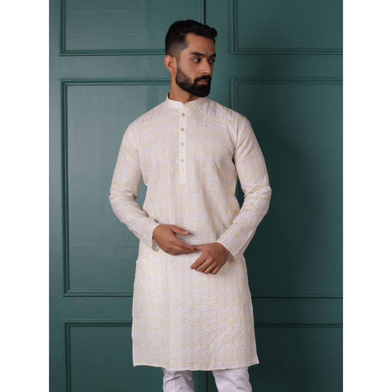 Lightpole Designer Yellow Ethnic Motifs Thread Work Cotton Linen Kurta (2XL)