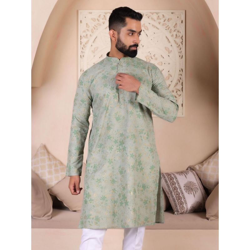 Lightpole Men Ethnic Floral Printed Green Kurta (M)