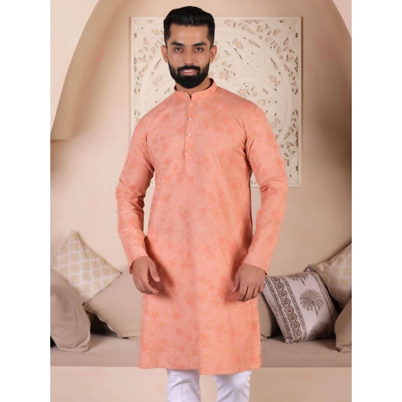 Lightpole Men Ethnic Floral Printed Peach Kurta (M)
