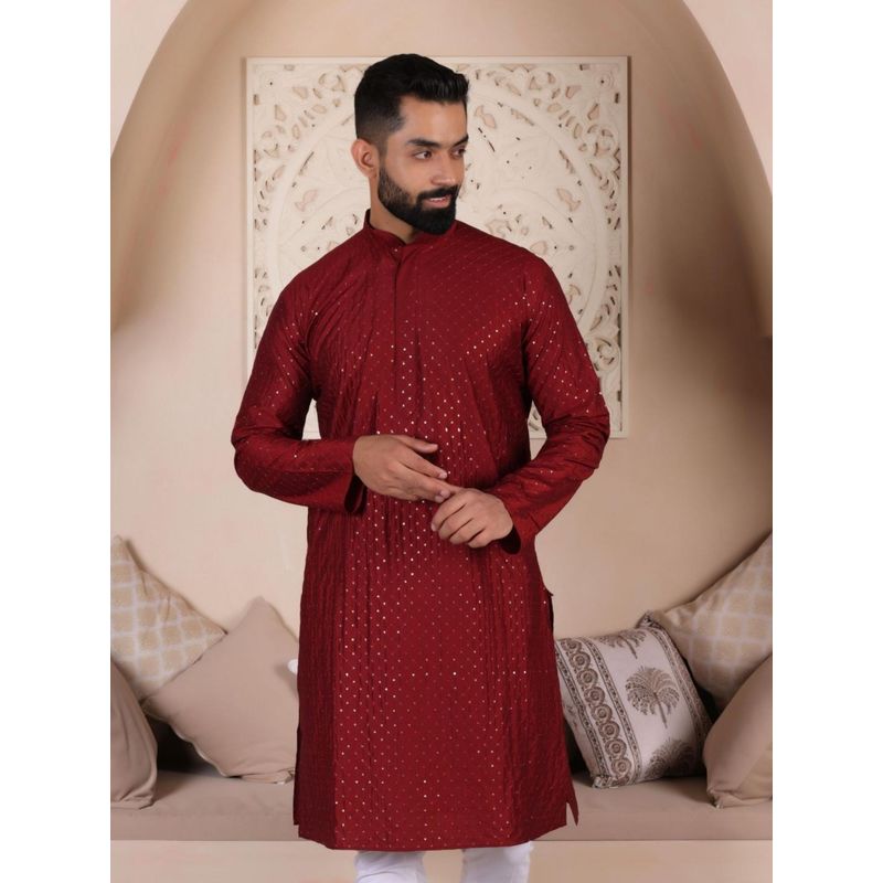 Lightpole Designer Maroon Cross Lining Thread Work Men Kurta (M)