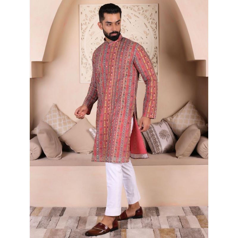 Lightpole Designer Red Printed Cross Lining Work Men Kurta (XL)