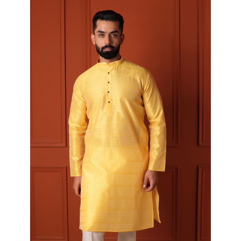 Lightpole Designer Yellow Lining Thread Work Men Kurta (M)