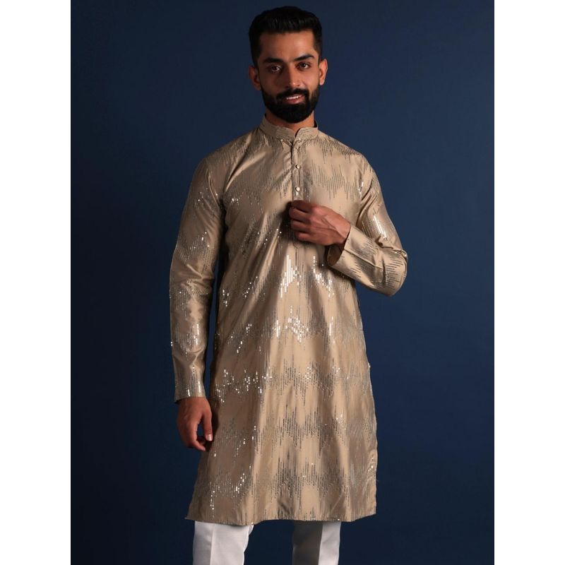 Lightpole Designer Brown Mix Ethnic Motifs Embellished Work Cotton Linen Kurta (L)