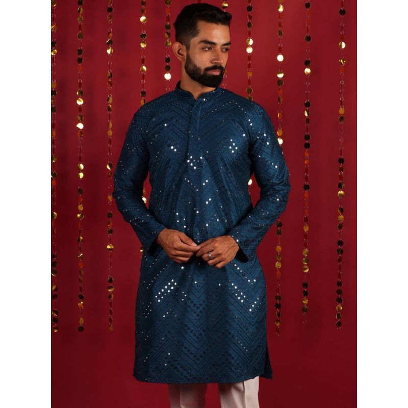 Lightpole Men Blue Thread & Mirror Work Silk Cotton Kurta (M)