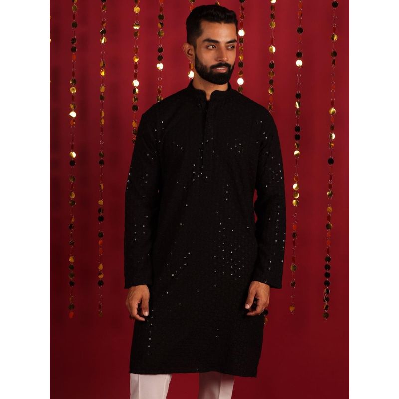 Lightpole Black Embroidered & Sequined Work Cotton Kurta (M)