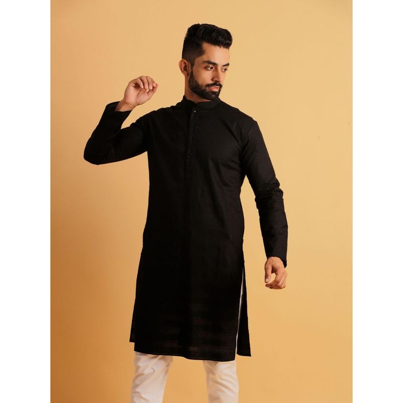 Lightpole Men Black Embroidered Cotton Linen Stylish Kurta (XL)