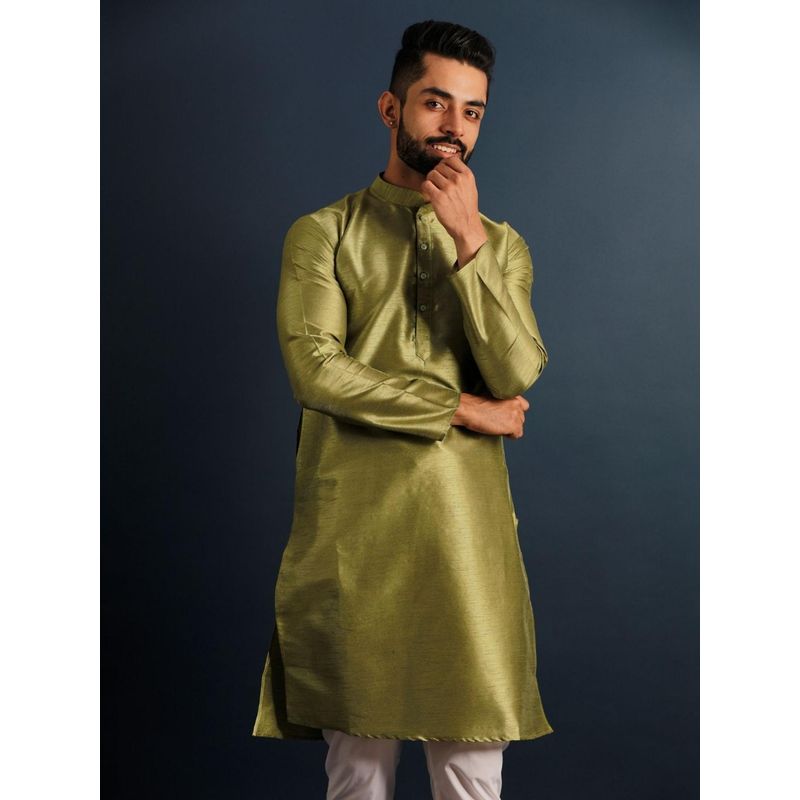 Lightpole Olive Pure Dupion Silk Solid Kurta (S)