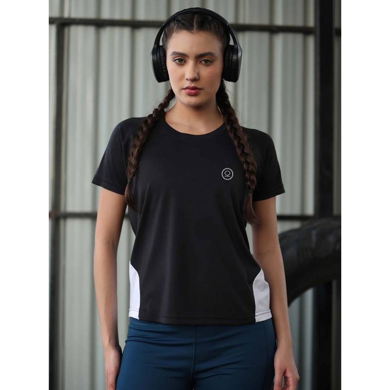 CHKOKKO Women Black Half Sleeve Gym T-Shirt (M)