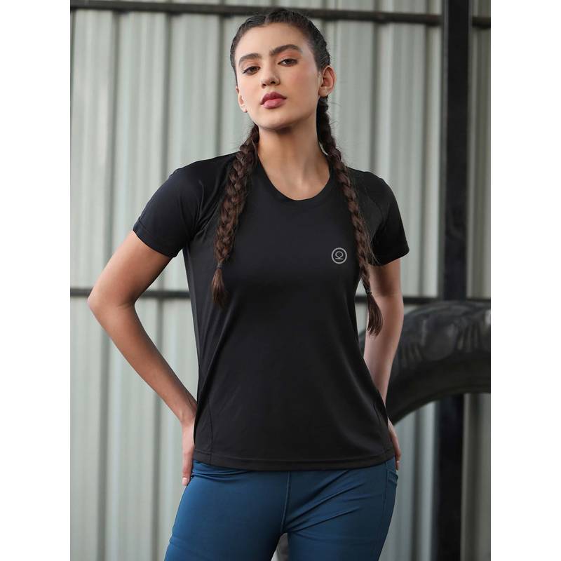 CHKOKKO Women Black Half Sleeve Gym T-Shirt (S)
