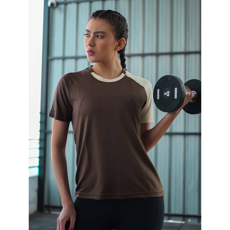 CHKOKKO Women Cream Coffee Half Sleeve Gym T-Shirt (3XL)
