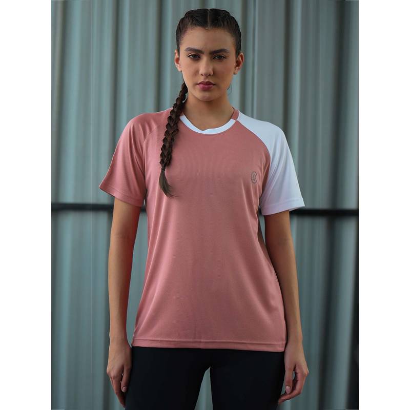 CHKOKKO Women Peach Half Sleeve Gym T-Shirt (XL)