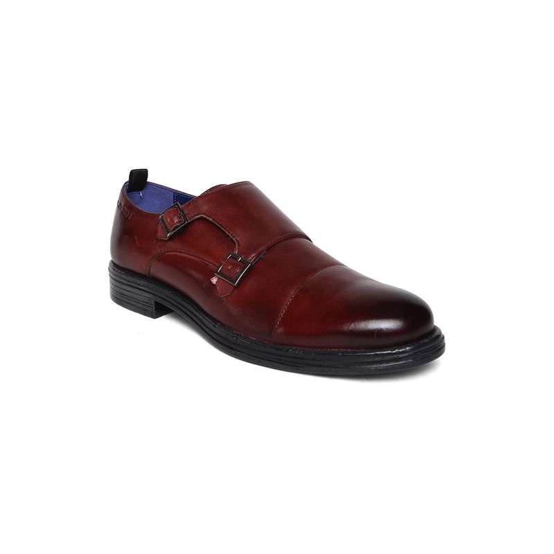 MASABIH Genuine Leather Burgundy Double Buckle Monk Shoes for Men (EURO 40)