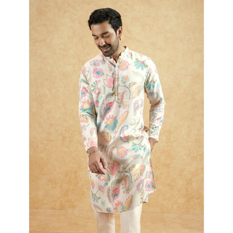 KISAH Men Multi Coloured Printed Cotton Blend Kurta with Abstract Print (40)