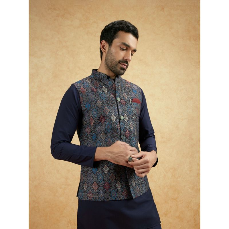 KISAH Men Multi Coloured Woven Silk Blend Jacquard Nehru Jacket with Zari Design (42)