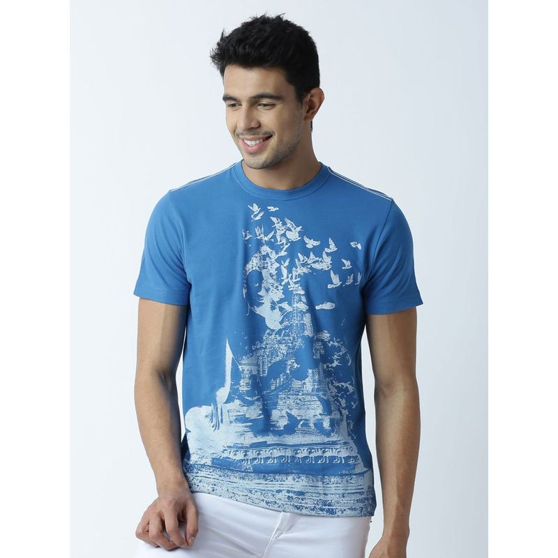 Huetrap Mens Printed Round Neck Blue T-Shirt (2XL)