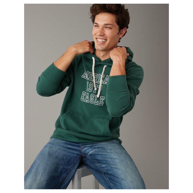 American Eagle Men Green Logo Typogrpahy Pullover Hoodie (L)