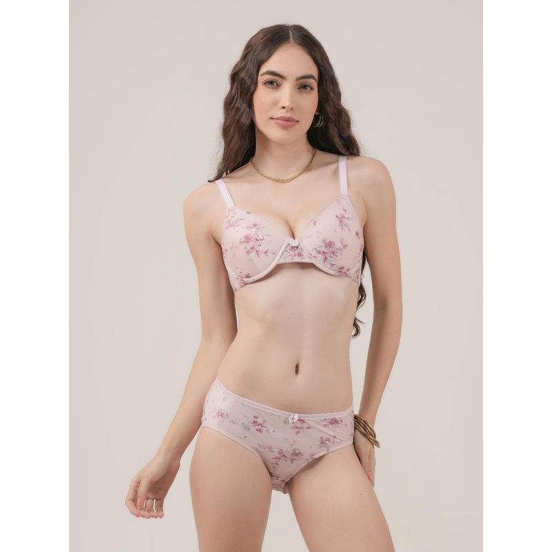 Da Intimo Floral Printed Cotton Wired Padded Full Coverage Bra and Panty Set - Pink (34B)