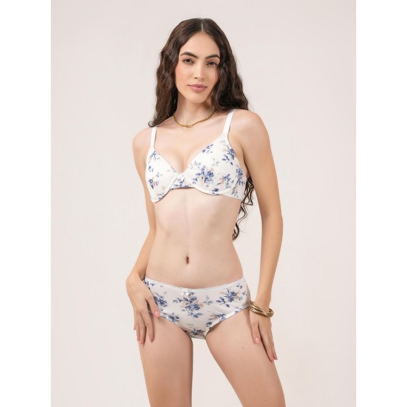 Da Intimo Floral Printed Cotton Wired Padded Full Coverage Bra and Panty Set - White (34B)