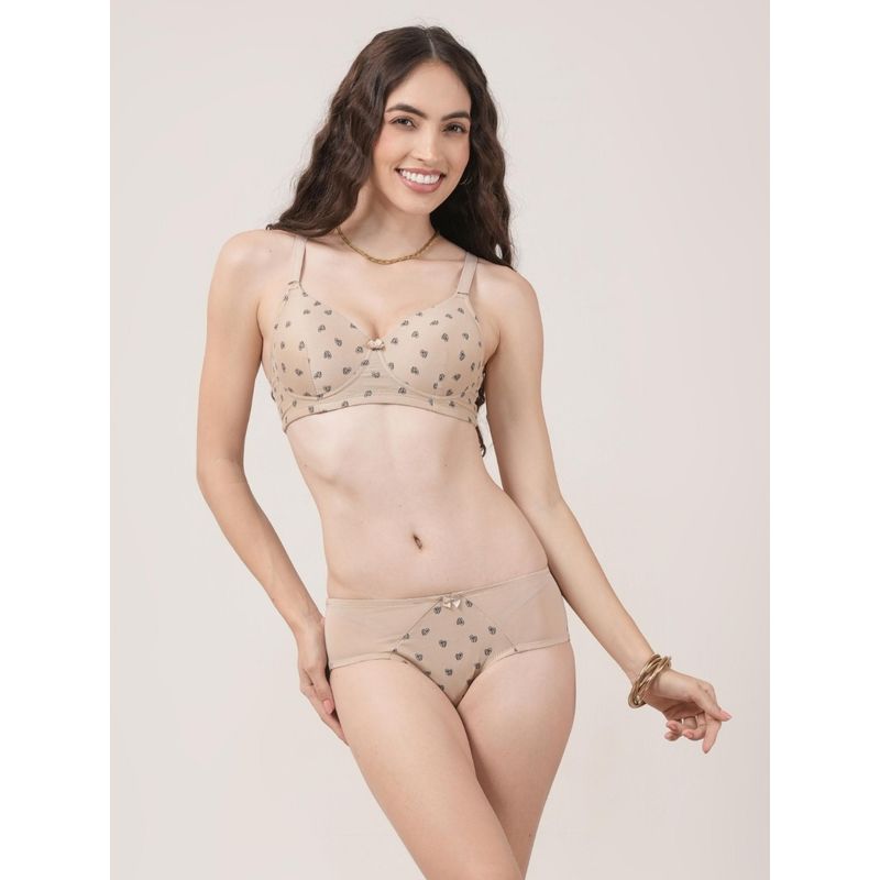 Da Intimo Padded Cotton and Mesh Full Coverage Bra and Panty Set with Heart Print - Beige (34B)
