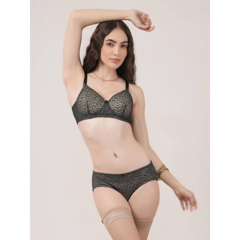 Da Intimo Lightly Padded Full Coverage Lace Bra and Panty Set - Black (34B)