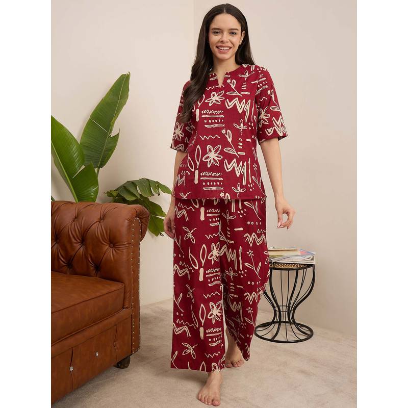 July Nightwear Women Cotton Red Top & Pyjama (M)