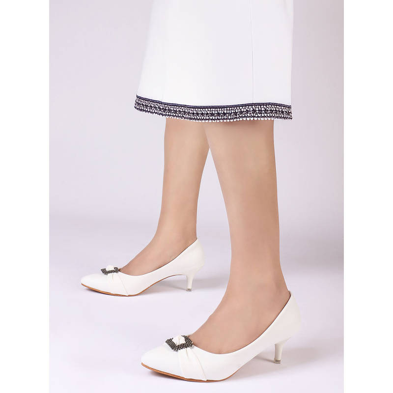 Iconics Women White Rhinestone Detail Kitten Heel Pumps (EURO 40)