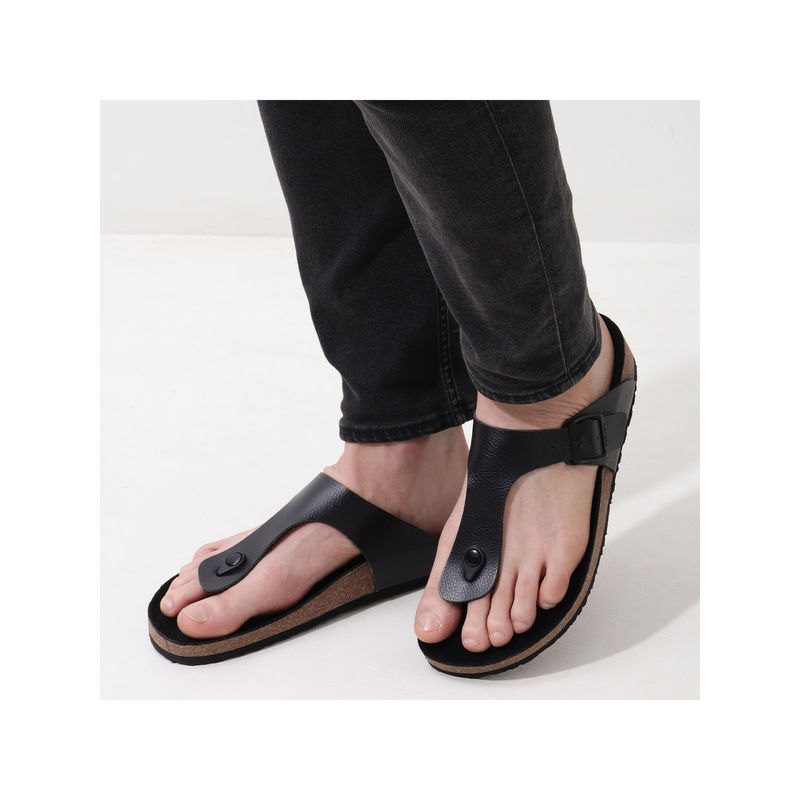 NoStrain Men Thong Cork Sandals - Bold Black (UK 7)