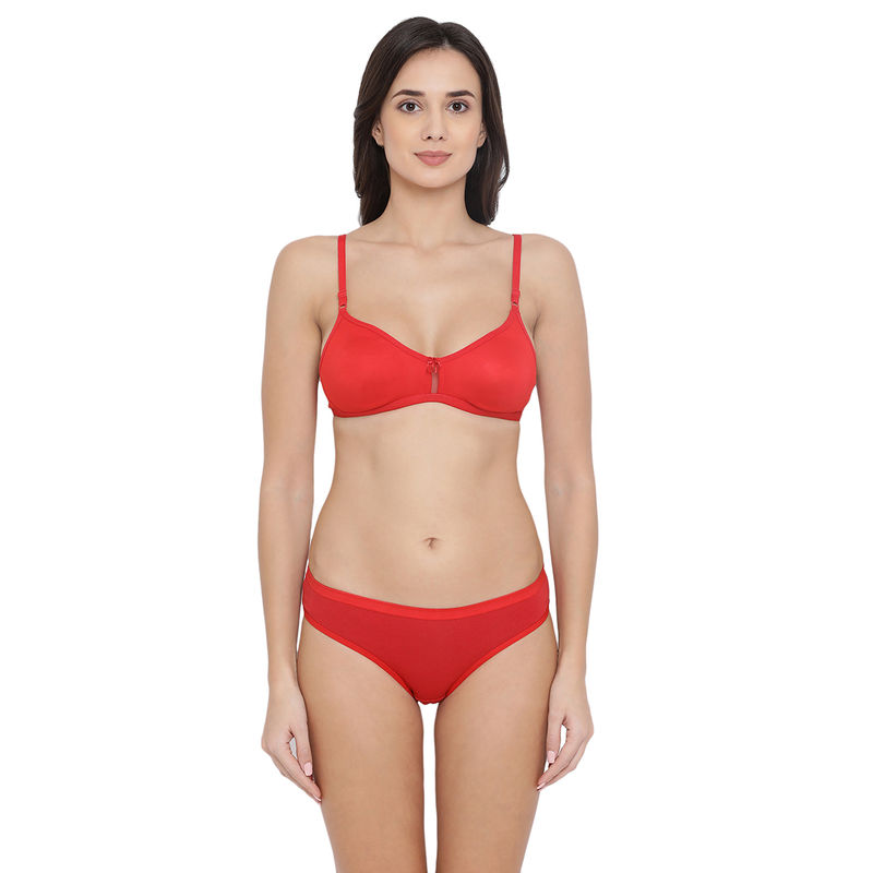 Clovia Cotton Wirefree Non-Padded T Shirt Bra & Low Waist Bikini Panty - Red (40B)