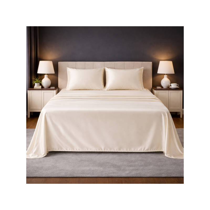 LANE LINEN Cream Satin Fantasy Cotton Bedsheet with 2 Pillow Covers (Double)