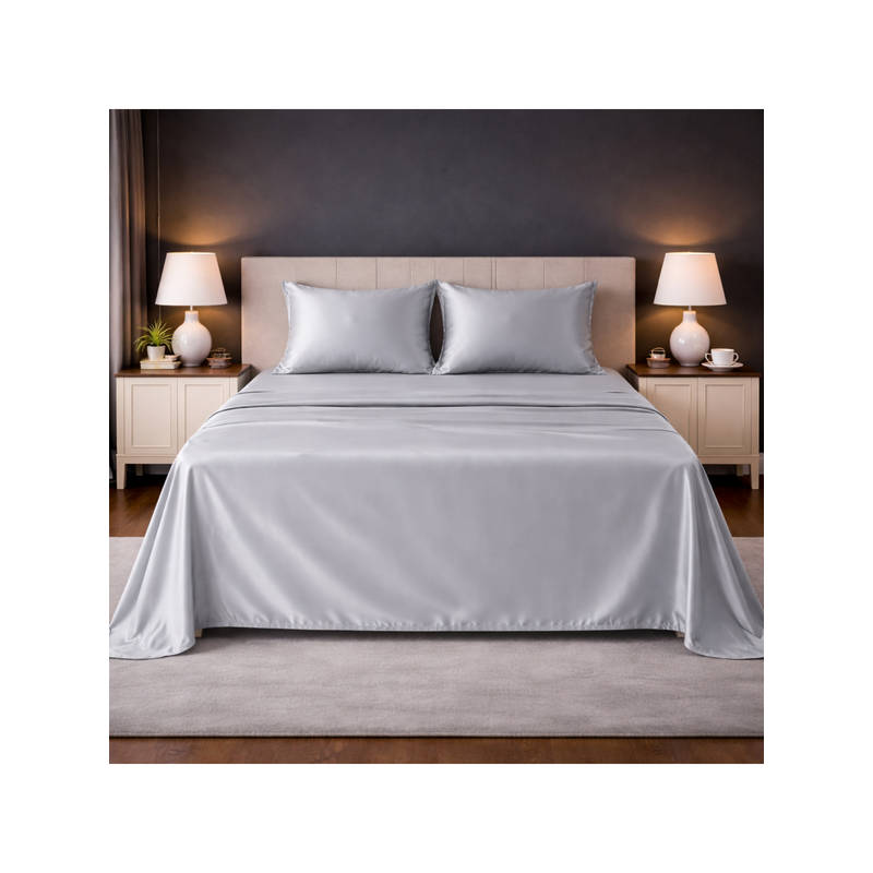 LANE LINEN Silver Satin Fantasy Cotton Bedsheet with 2 Pillow Covers (King)