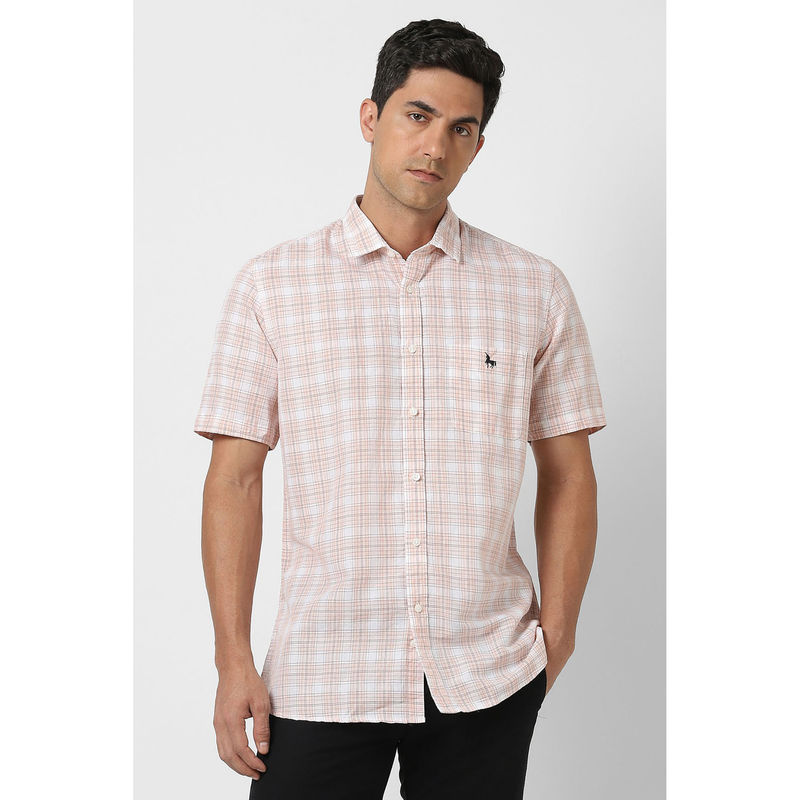 Van Heusen Men Peach Slim Fit Check Half Sleeves Casual Shirt (38)