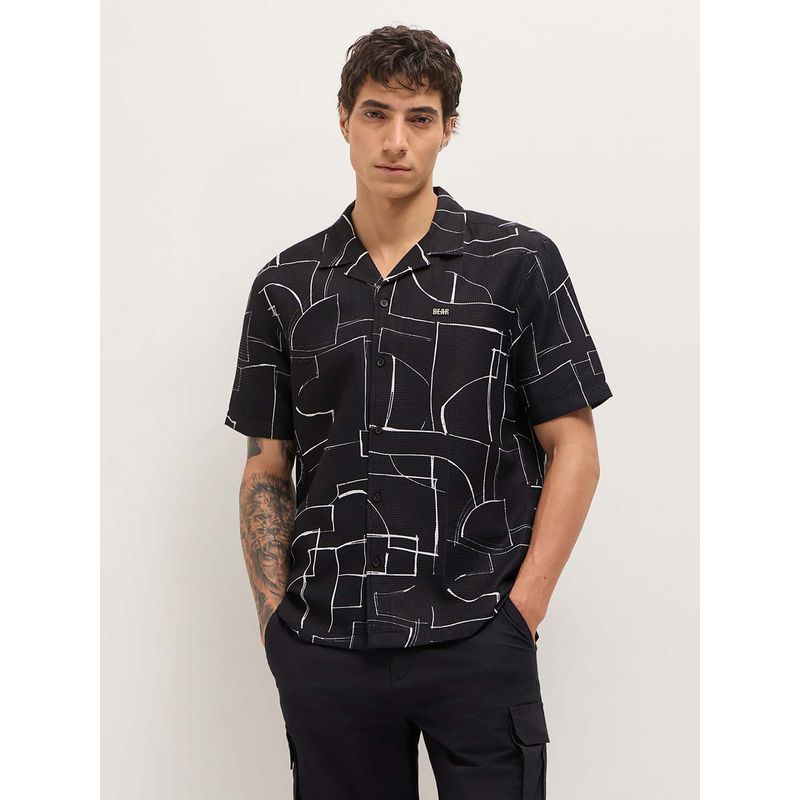 THE BEAR HOUSE Men's Black Relaxed Fit Printed Casual Shirt (M)